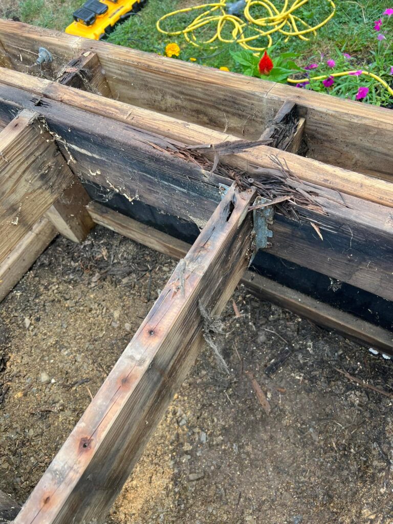 Close-up of weathered wooden beams with visible damage and rot, surrounded by dirt and grass. Yellow extension cord and flowers are in the background.